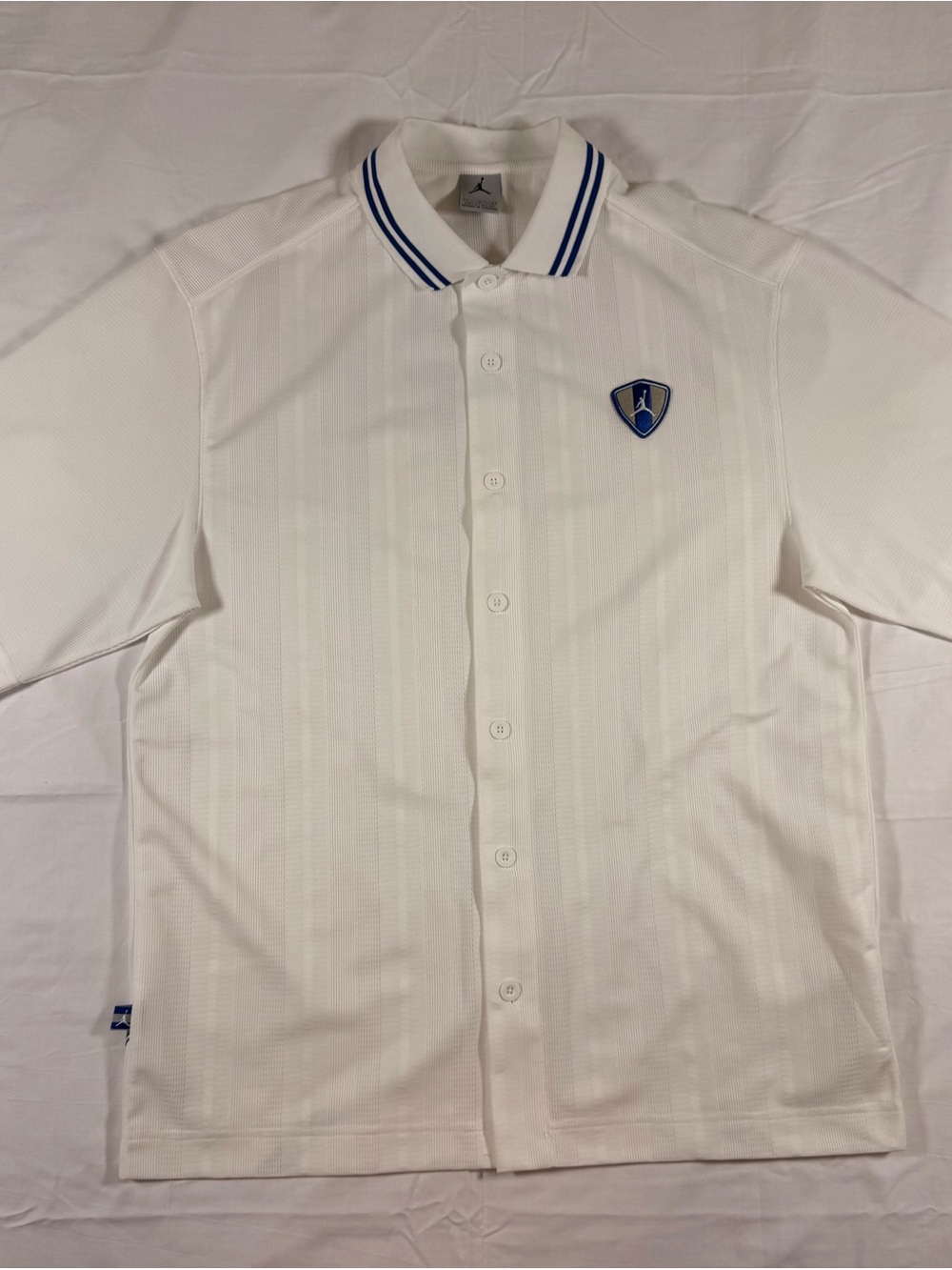 Jordan White Button-Front Polo with Blue Stripe Collar